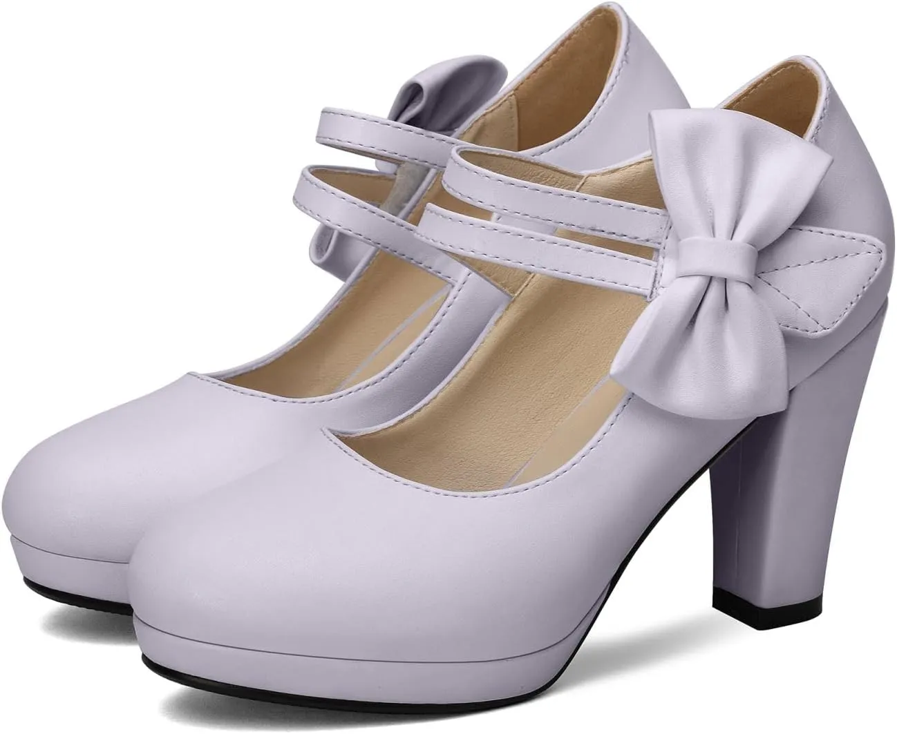 100FIXEO Chic Block High Heel Mary Jane Shoes Women Heels and Pumps Ladies Sweet Ankle Strap Dress Pumps Hook and Loop Bow Heels Closed Toe