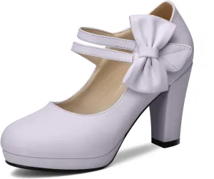 100FIXEO Chic Block High Heel Mary Jane Shoes Women Heels and Pumps Ladies Sweet Ankle Strap Dress Pumps Hook and Loop Bow Heels Closed Toe