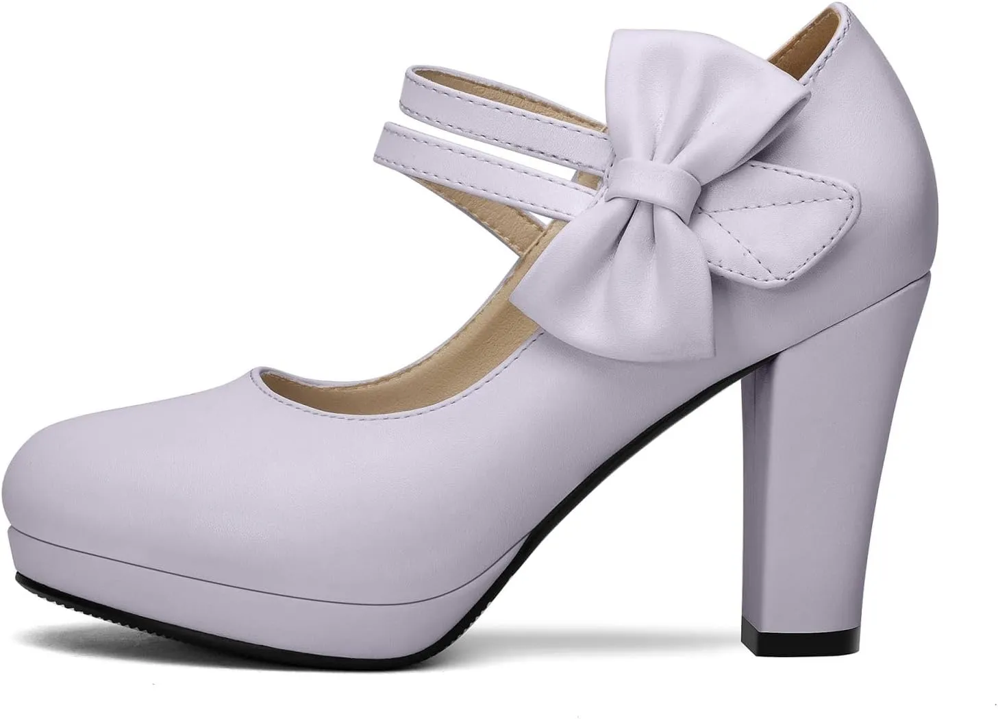 100FIXEO Chic Block High Heel Mary Jane Shoes Women Heels and Pumps Ladies Sweet Ankle Strap Dress Pumps Hook and Loop Bow Heels Closed Toe