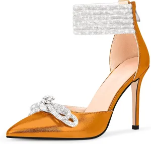 100FIXEO Women's Sexy Rhinestone Bow High Heeled Pumps Pointed Toe Ankle Strap Stiletto Heel Wedding Dress Shoes