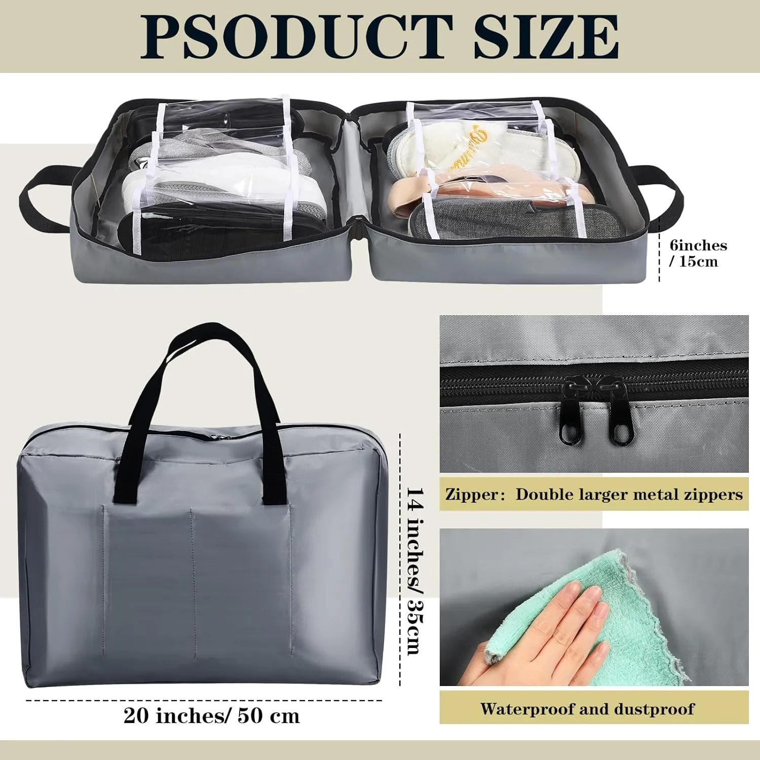2 Pcs Travel Shoe Bag with Handle Organizer - Portable Luggage Storage Bag for Multiple Shoes (Light Gray, Beige)