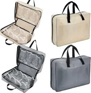 2 Pcs Travel Shoe Bag with Handle Organizer - Portable Luggage Storage Bag for Multiple Shoes (Light Gray, Beige)