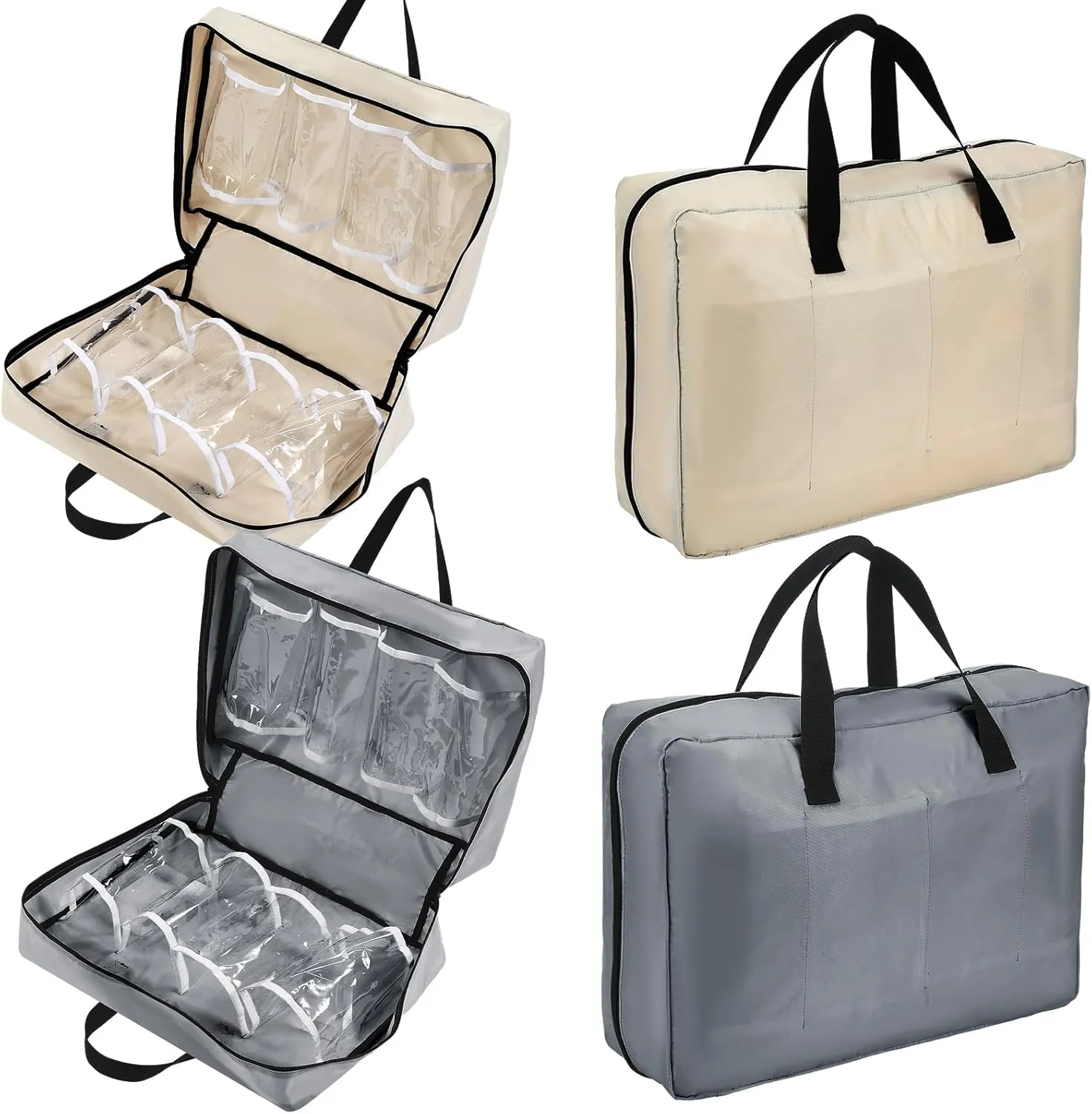 2 Pcs Travel Shoe Bag with Handle Organizer - Portable Luggage Storage Bag for Multiple Shoes (Light Gray, Beige)