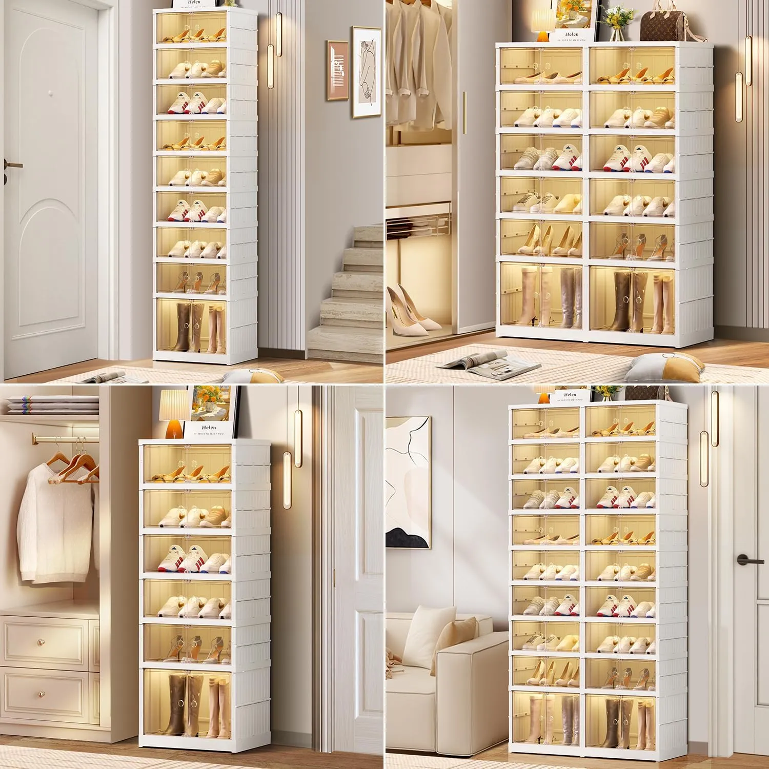 9-Tier Foldable Shoe Rack Organizer for Closet 18Pairs Plastic Shoe Shelf Collapsible Shoes Storage Box Clear Shoe Boxes Stackable with Door Easy Assembly Shoe Cabinet with Lids Large