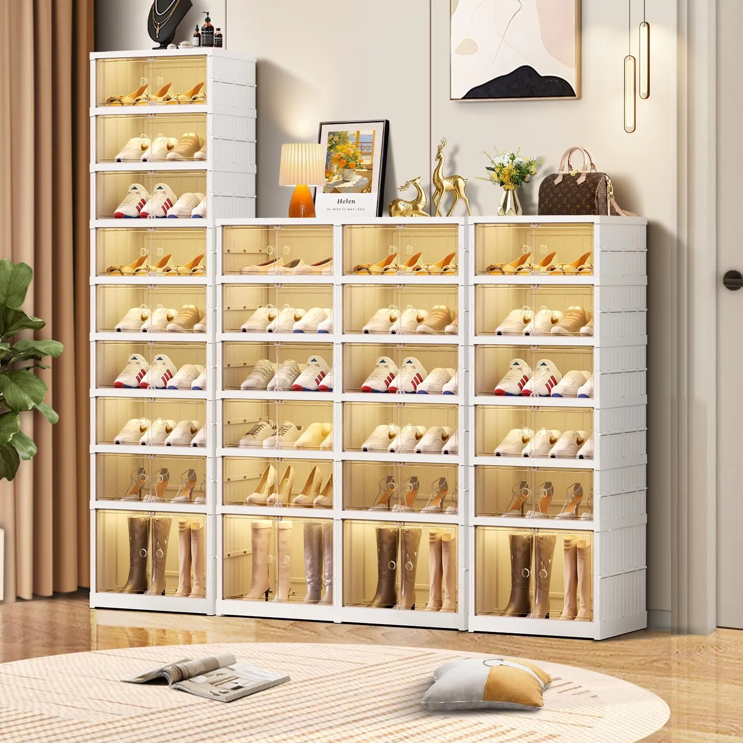 9-Tier Foldable Shoe Rack Organizer for Closet 18Pairs Plastic Shoe Shelf Collapsible Shoes Storage Box Clear Shoe Boxes Stackable with Door Easy Assembly Shoe Cabinet with Lids Large