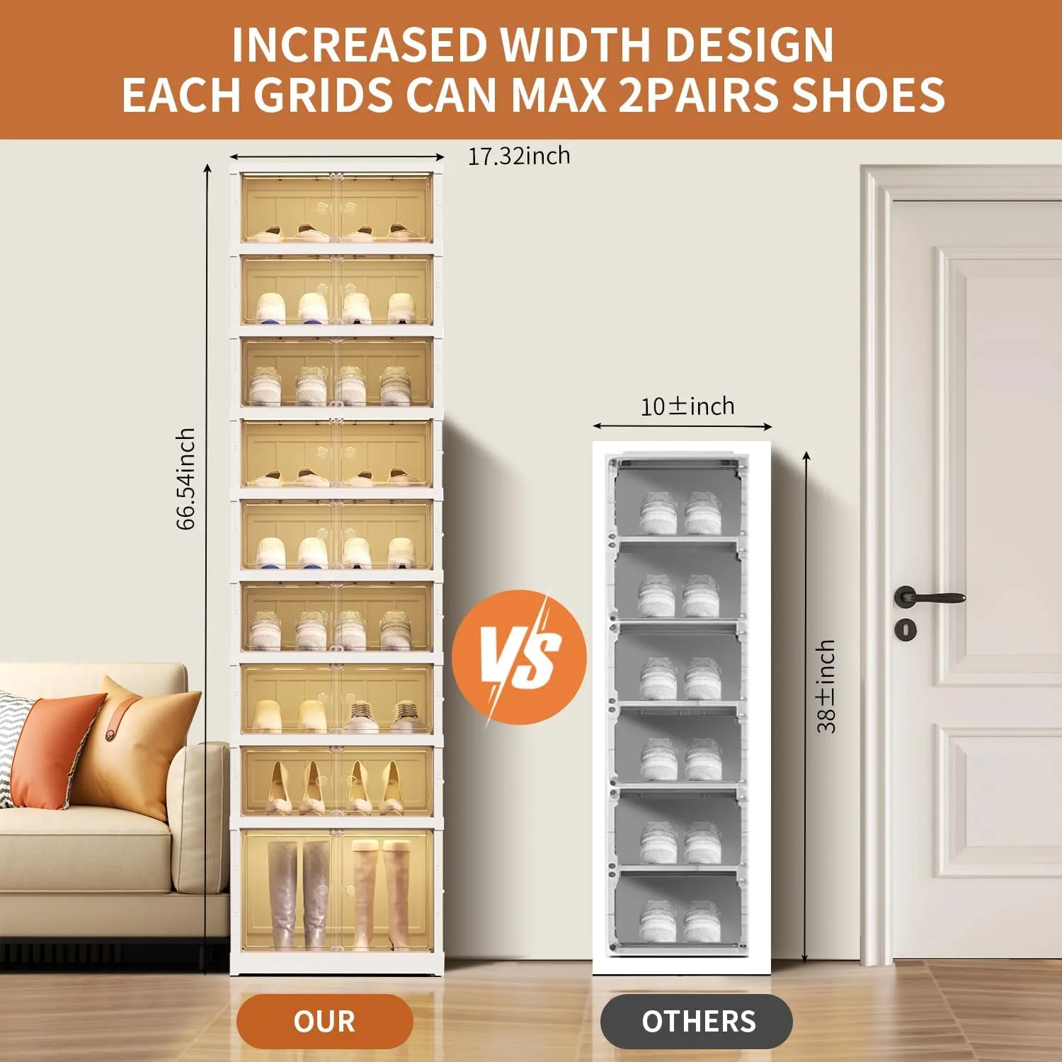 9-Tier Foldable Shoe Rack Organizer for Closet 18Pairs Plastic Shoe Shelf Collapsible Shoes Storage Box Clear Shoe Boxes Stackable with Door Easy Assembly Shoe Cabinet with Lids Large