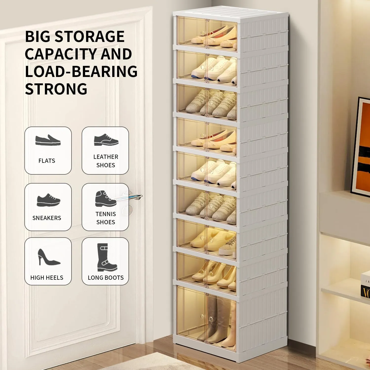 9-Tier Foldable Shoe Rack Organizer for Closet 18Pairs Plastic Shoe Shelf Collapsible Shoes Storage Box Clear Shoe Boxes Stackable with Door Easy Assembly Shoe Cabinet with Lids Large