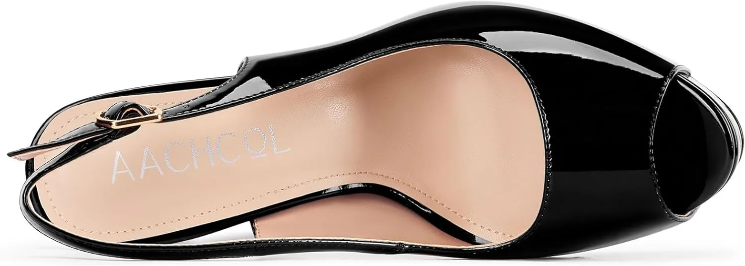 Aachcol Womens Peep Toe Platform Stiletto Heels Slingback High Heel Pumps Party Dress Shoes 5.1 Inches Heels