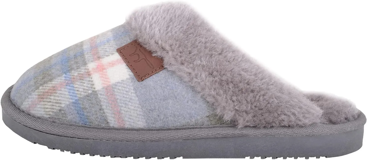 ABSOLUTE FOOTWEAR Womens Slip On Open Back Traditional Tartan Checked Faux Fur Winter Mule Slippers