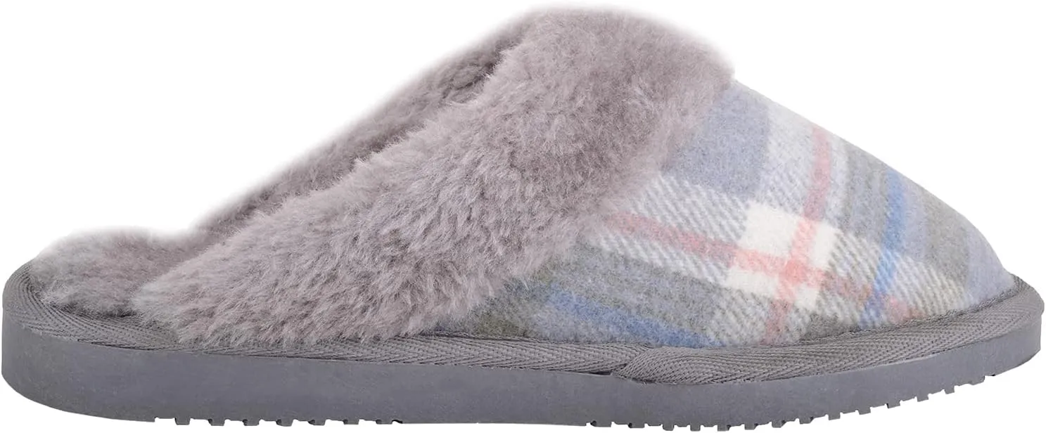 ABSOLUTE FOOTWEAR Womens Slip On Open Back Traditional Tartan Checked Faux Fur Winter Mule Slippers