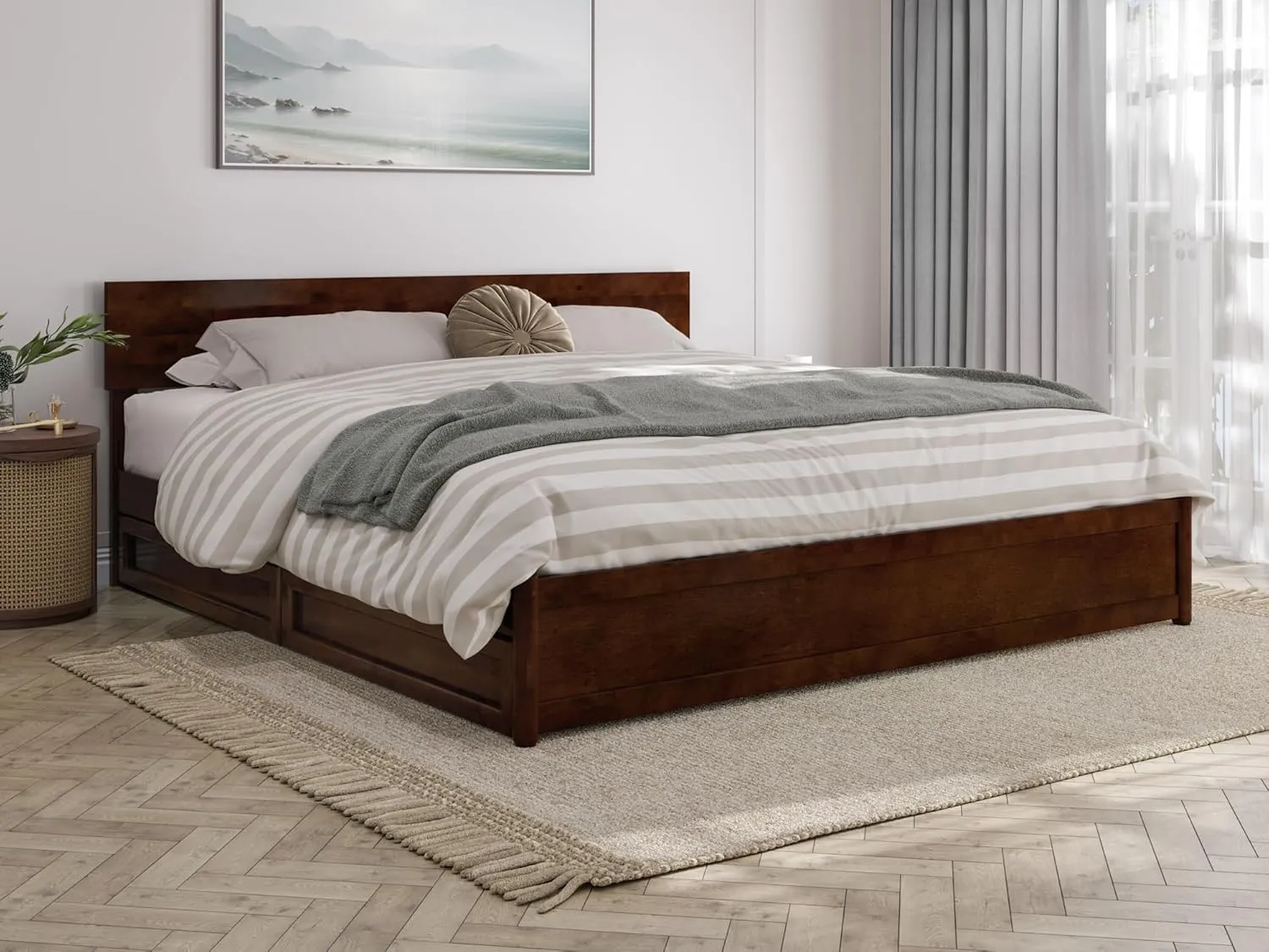 AFI, Wesley King Platform Bed with Panel Footboard and Storage Drawers, Walnut