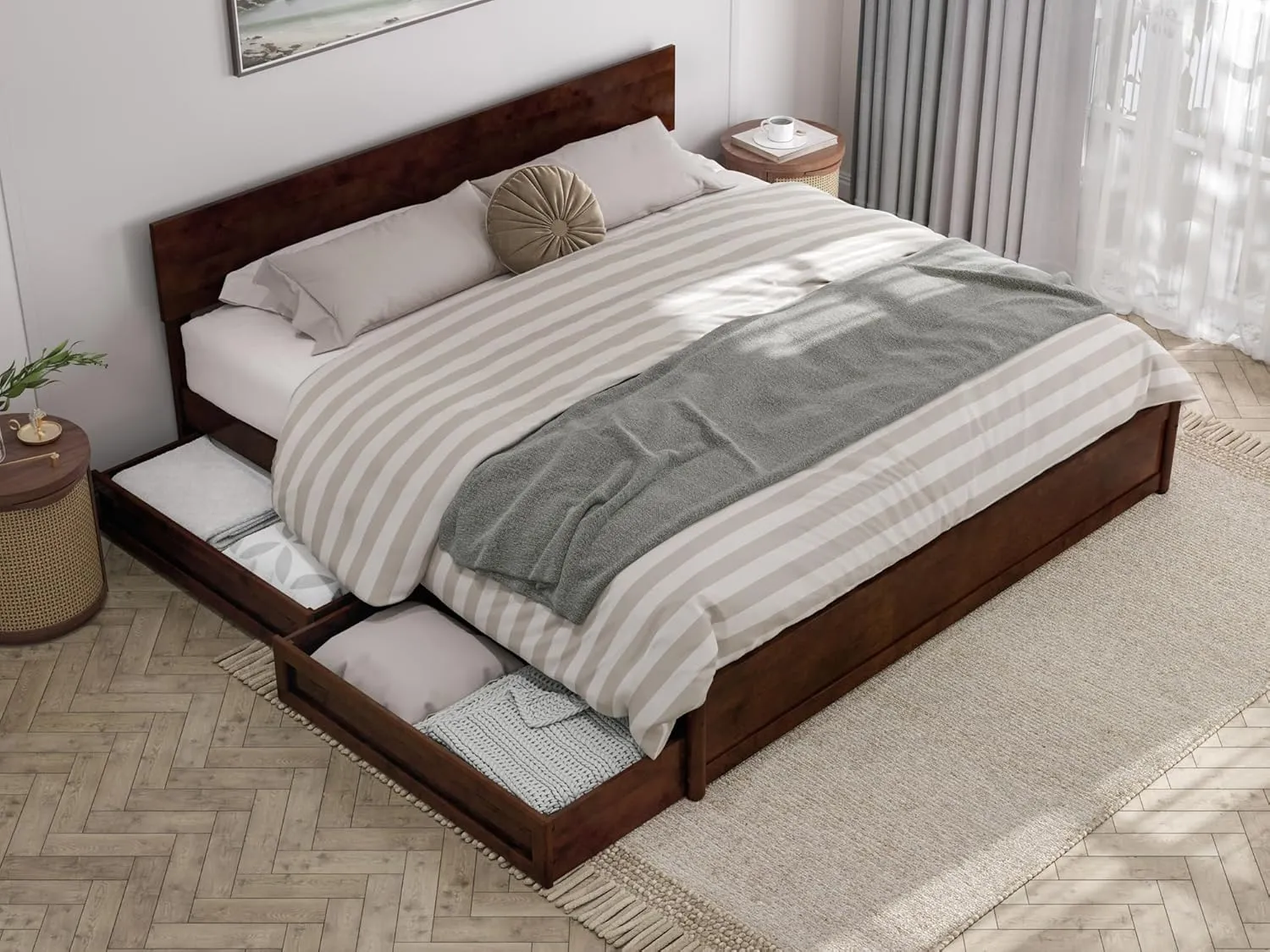 AFI, Wesley King Platform Bed with Panel Footboard and Storage Drawers, Walnut