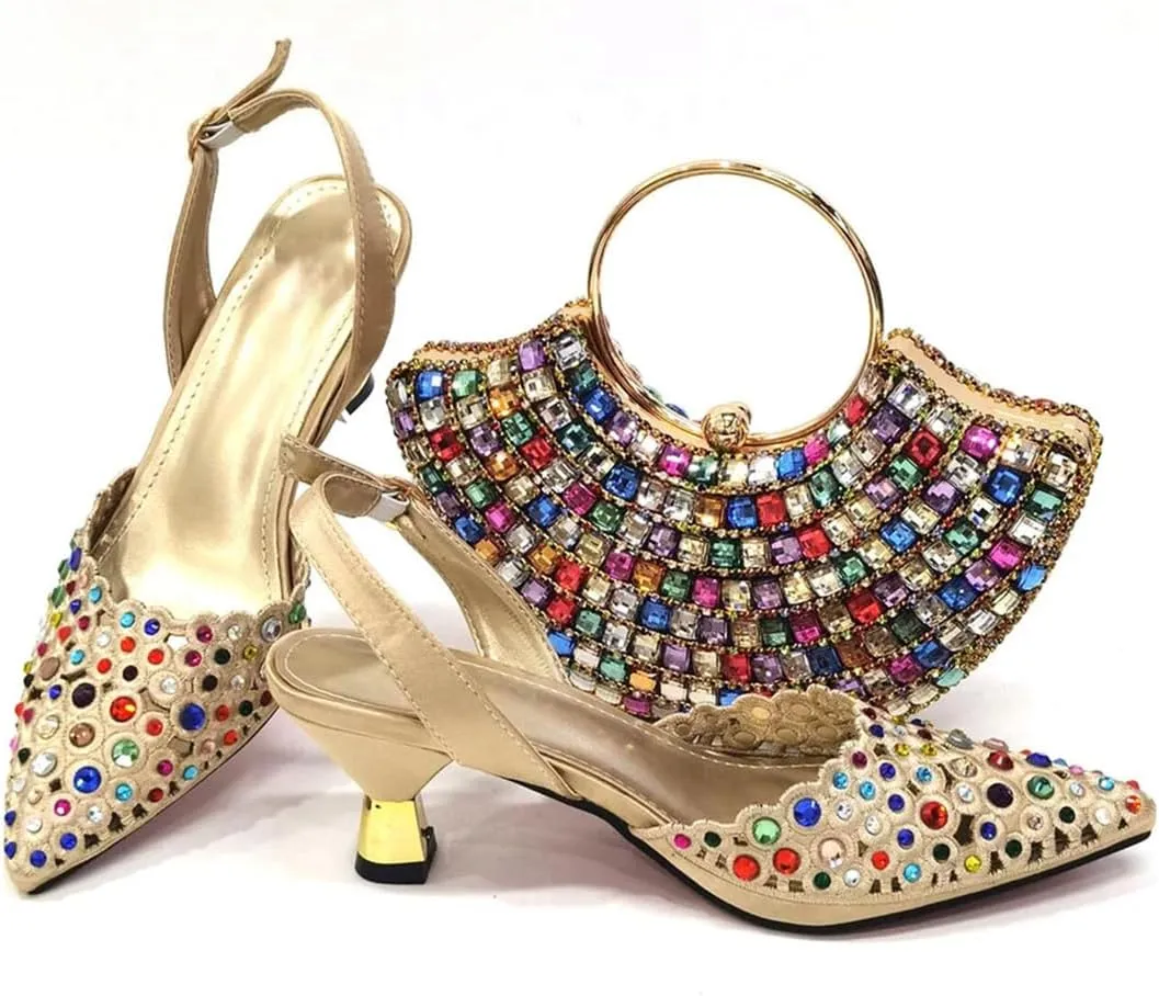 African Wedding Shoes and Bag Set Gold Color Italian Shoes with Matching Bags Nigerian Lady Party