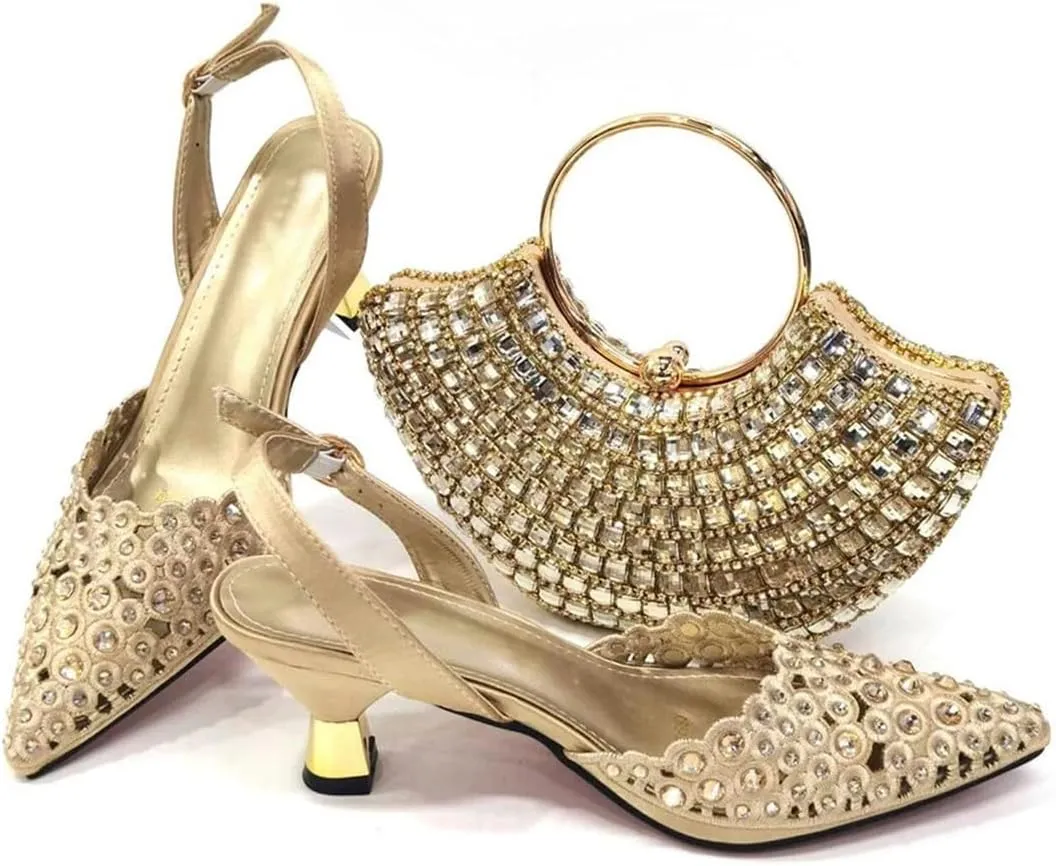 African Wedding Shoes and Bag Set Gold Color Italian Shoes with Matching Bags Nigerian Lady Party