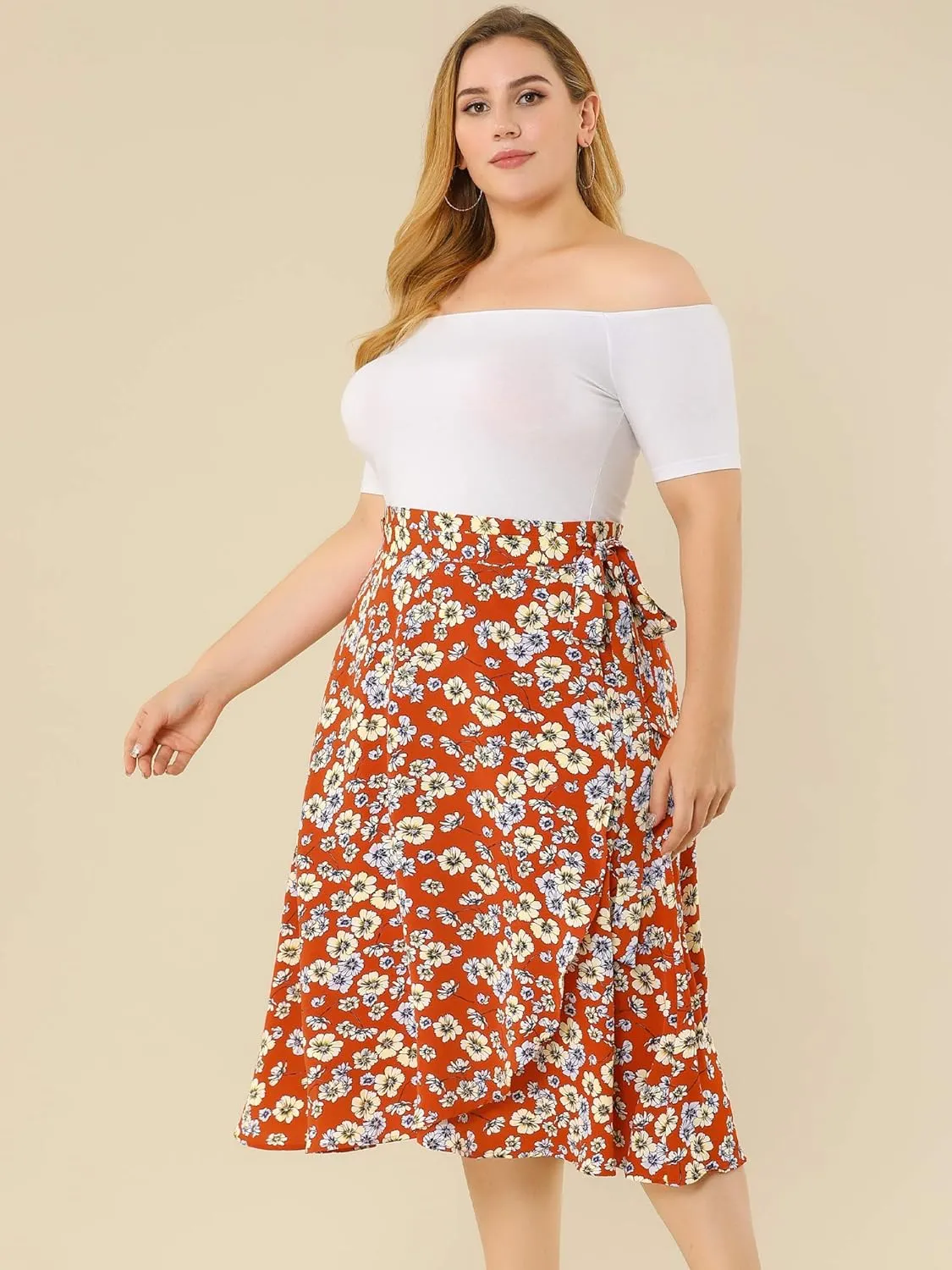 Agnes Orinda Women's Plus Size Boho Floral Wrap Skirts a Line Midi Chic Ruffled Hem High Waisted Skirt