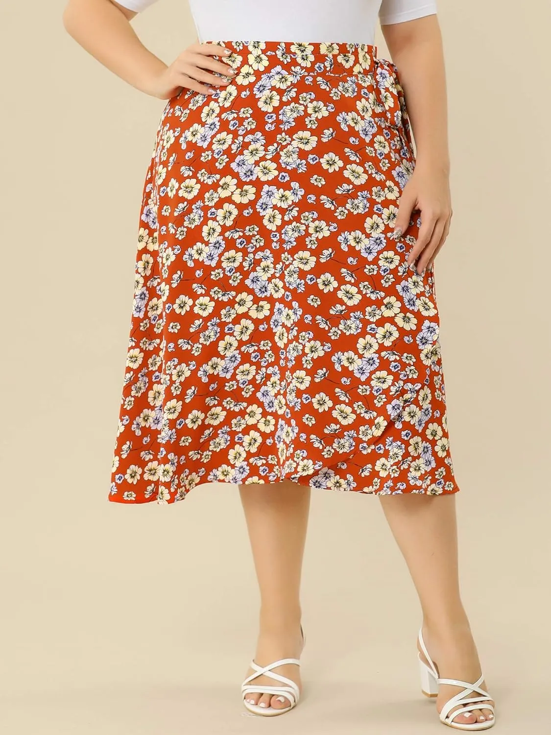 Agnes Orinda Women's Plus Size Boho Floral Wrap Skirts a Line Midi Chic Ruffled Hem High Waisted Skirt