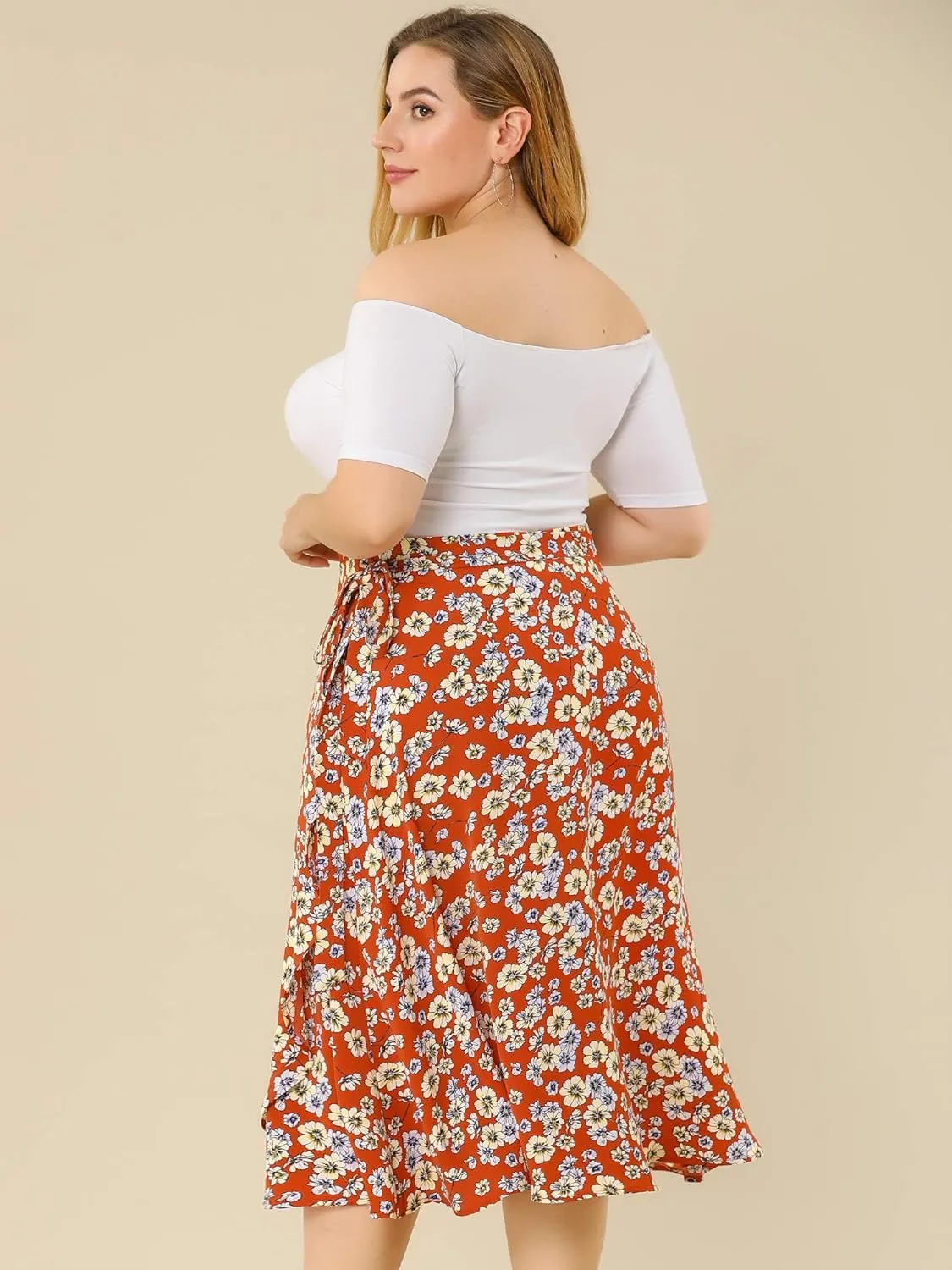Agnes Orinda Women's Plus Size Boho Floral Wrap Skirts a Line Midi Chic Ruffled Hem High Waisted Skirt