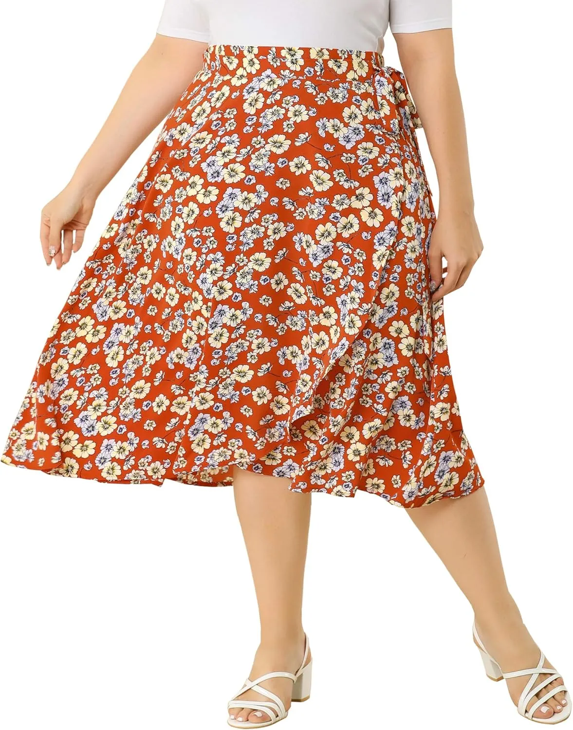 Agnes Orinda Women's Plus Size Boho Floral Wrap Skirts a Line Midi Chic Ruffled Hem High Waisted Skirt