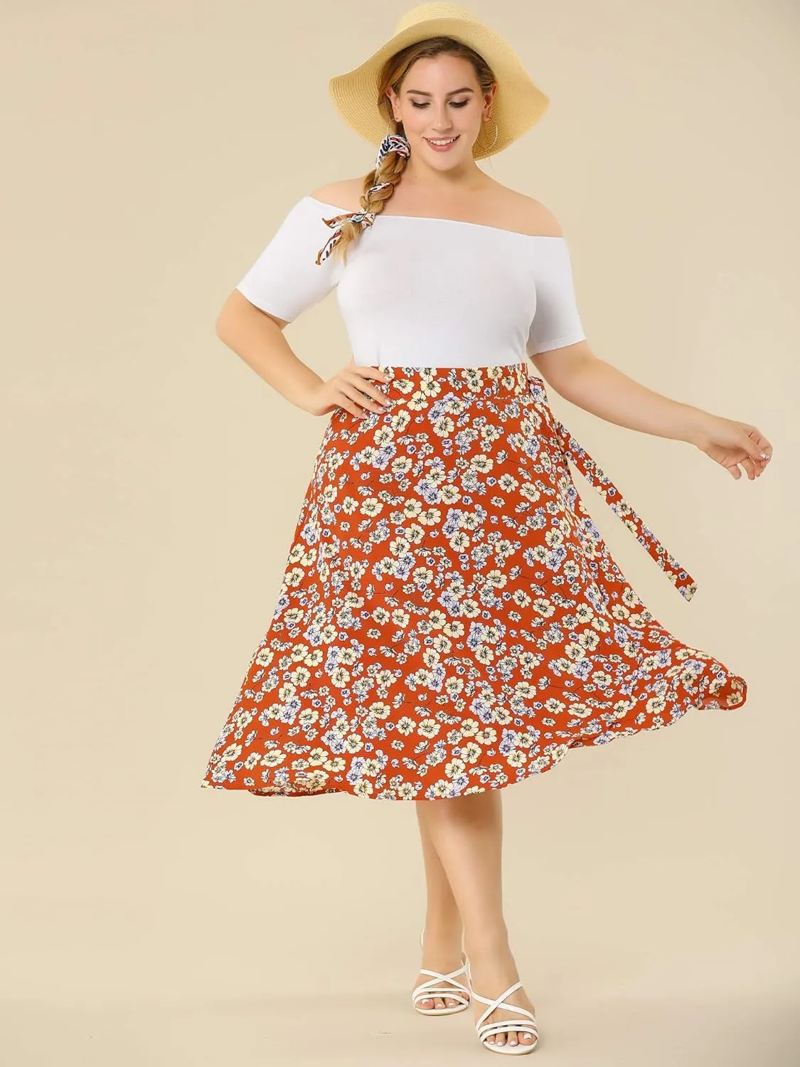 Agnes Orinda Women's Plus Size Boho Floral Wrap Skirts a Line Midi Chic Ruffled Hem High Waisted Skirt