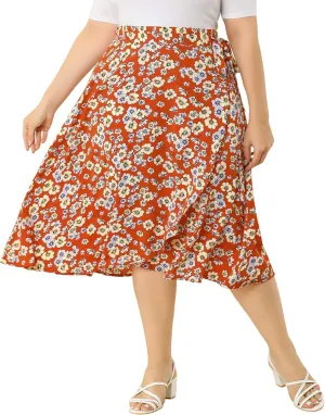 Agnes Orinda Women's Plus Size Boho Floral Wrap Skirts a Line Midi Chic Ruffled Hem High Waisted Skirt