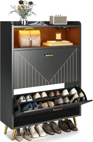 Aheaplus Shoe Cabinet with Flip Doors, Shoes Storage Organizer with Motion Sensor Led Light, Entryway Wood Freestanding Tipping Bucket Shoe Rack with Open Shelves for Closet, Living Room, Black