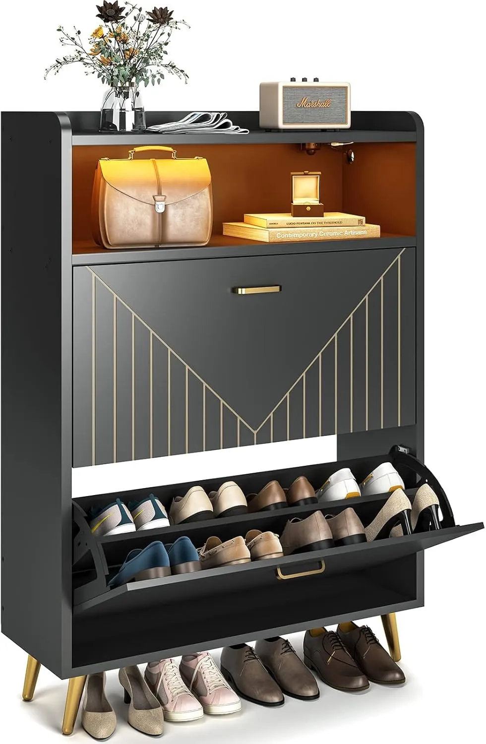 Aheaplus Shoe Cabinet with Flip Doors, Shoes Storage Organizer with Motion Sensor Led Light, Entryway Wood Freestanding Tipping Bucket Shoe Rack with Open Shelves for Closet, Living Room, Black