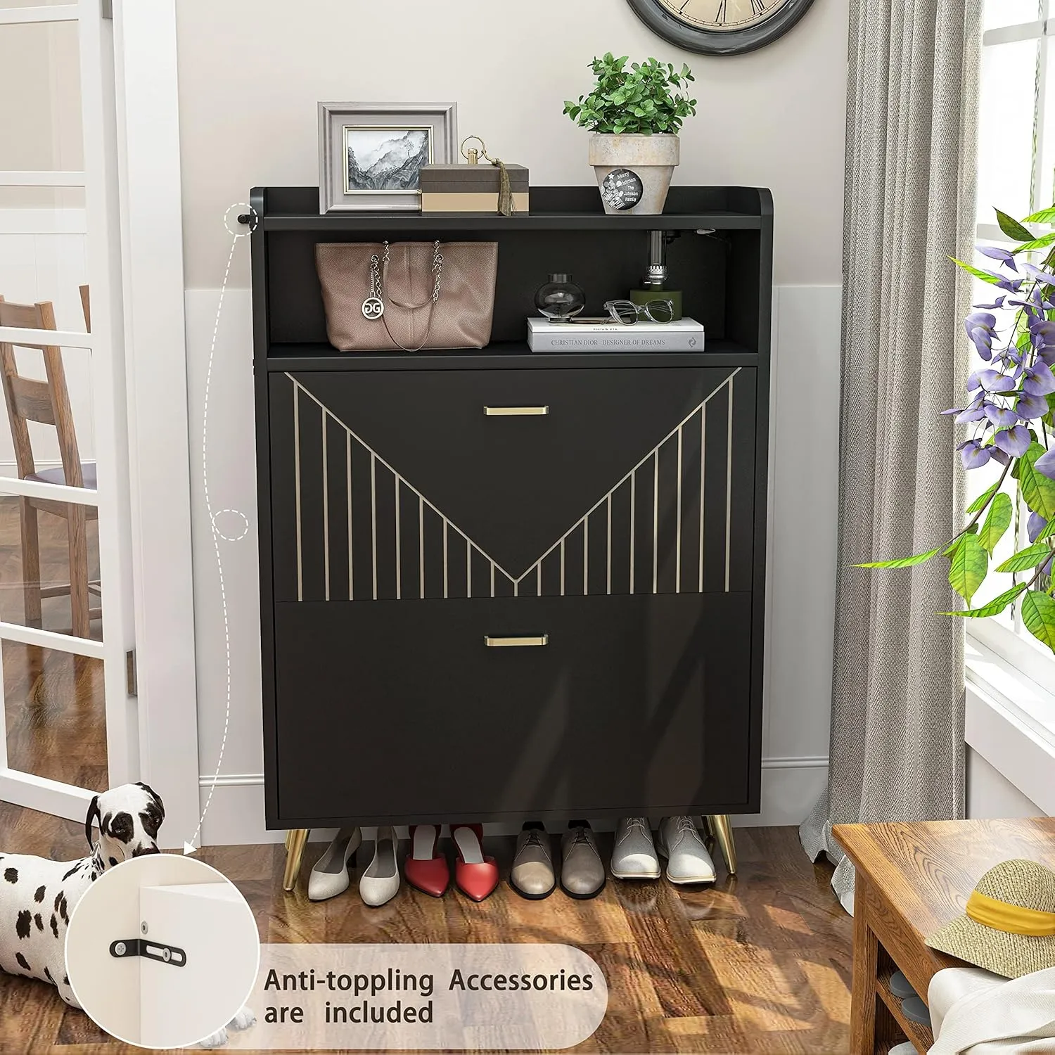 Aheaplus Shoe Cabinet with Flip Doors, Shoes Storage Organizer with Motion Sensor Led Light, Entryway Wood Freestanding Tipping Bucket Shoe Rack with Open Shelves for Closet, Living Room, Black