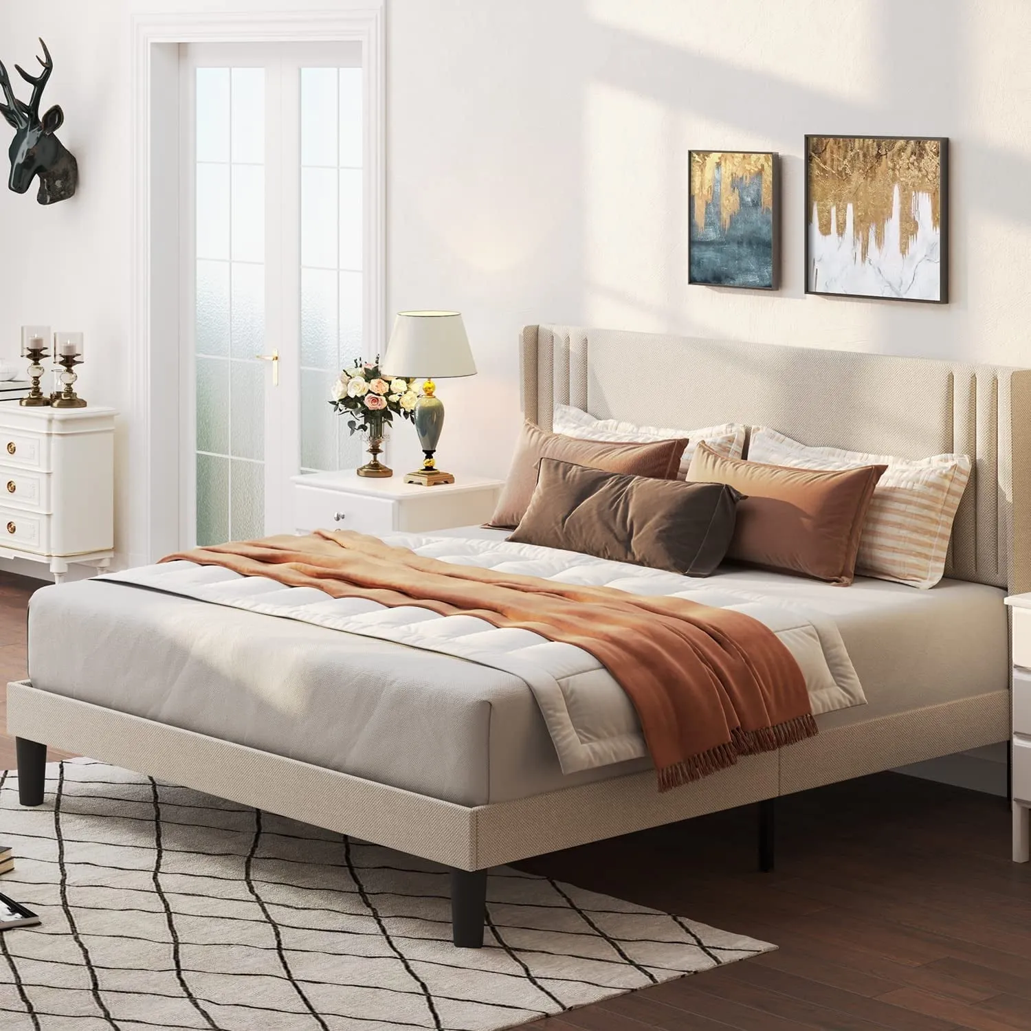 Aiho Queen Platform Bed Frame with Wingback Headboard, Beige