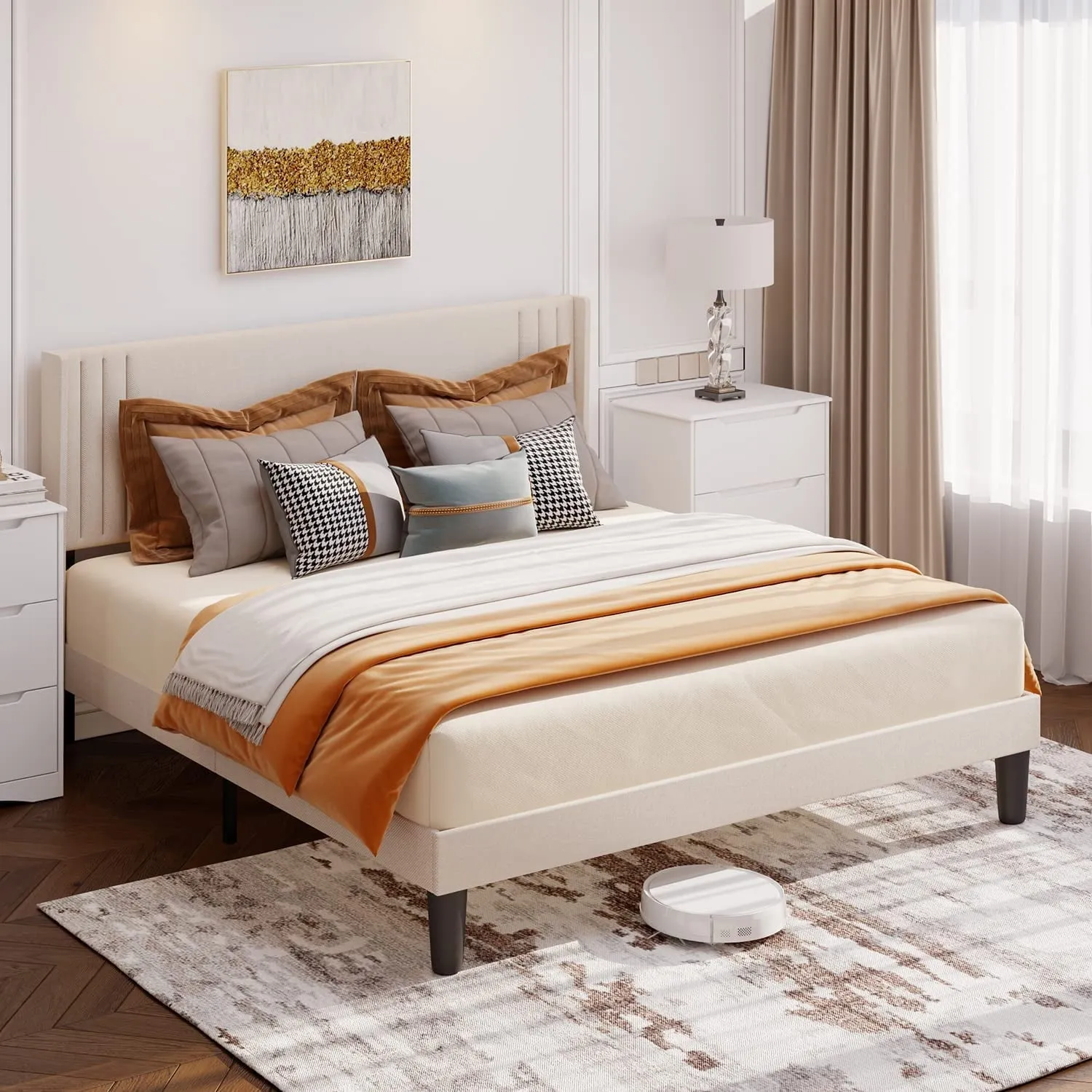 Aiho Queen Platform Bed Frame with Wingback Headboard, Beige