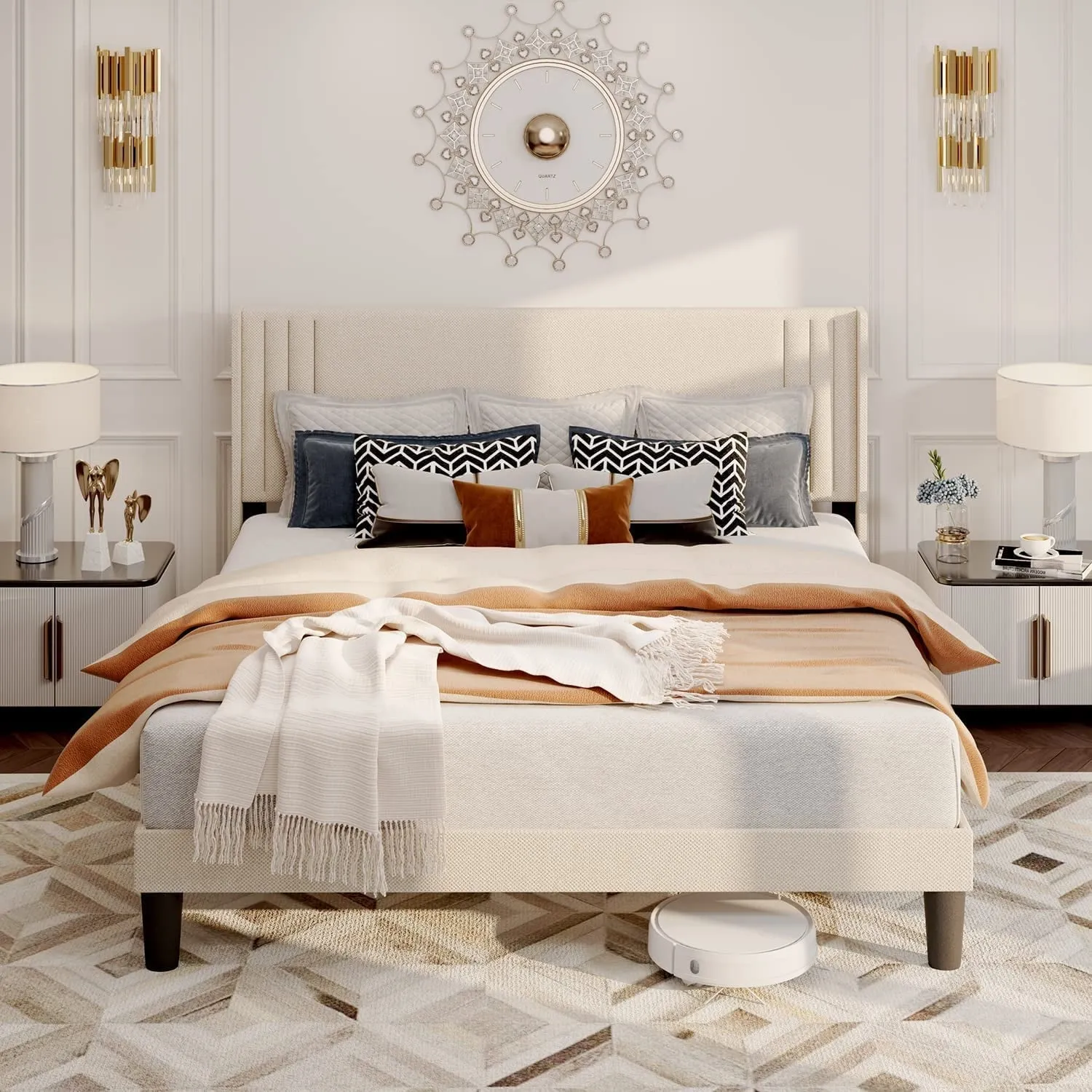 Aiho Queen Platform Bed Frame with Wingback Headboard, Beige