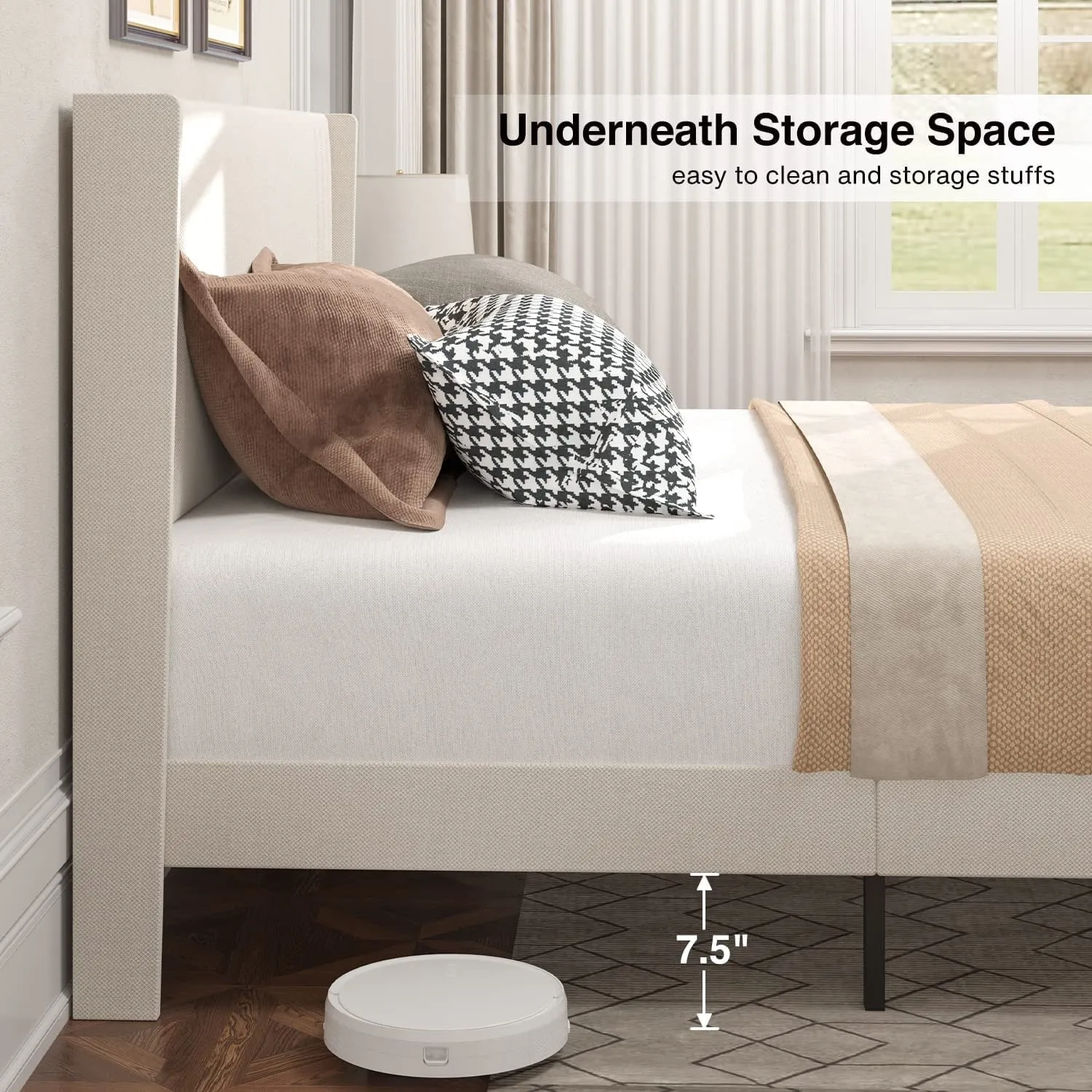Aiho Queen Platform Bed Frame with Wingback Headboard, Beige