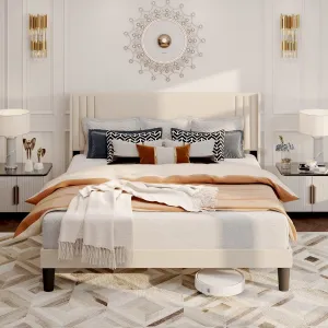 Aiho Queen Platform Bed Frame with Wingback Headboard, Beige