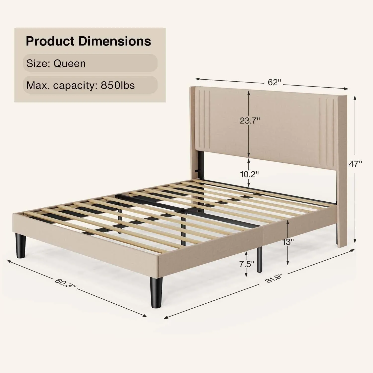 Aiho Queen Platform Bed Frame with Wingback Headboard, Beige