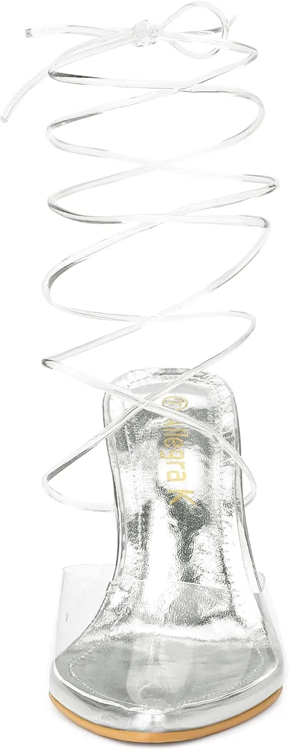Allegra K Women's Clear Heels Lace Up Strappy Stiletto Transparent Heel Sandals