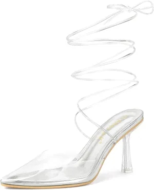 Allegra K Women's Clear Heels Lace Up Strappy Stiletto Transparent Heel Sandals