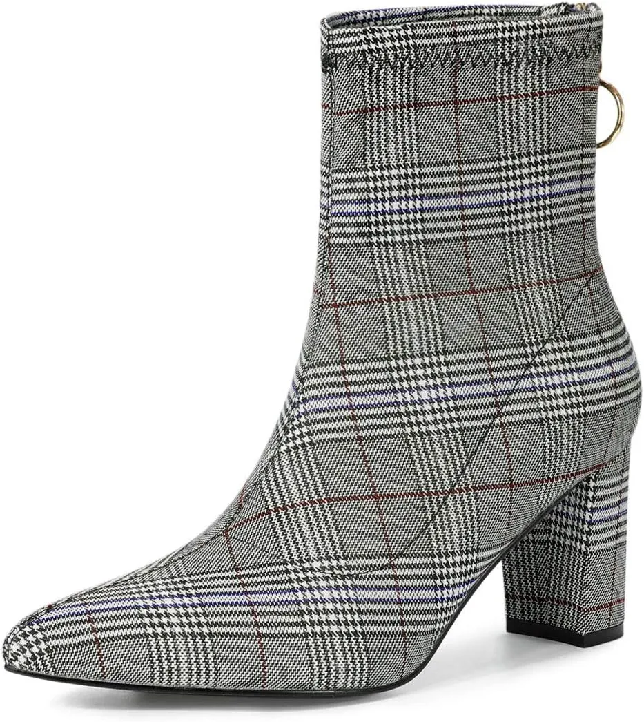 Allegra K Women's Pointed Toe Zipper Chunky Heels Ankle Boots