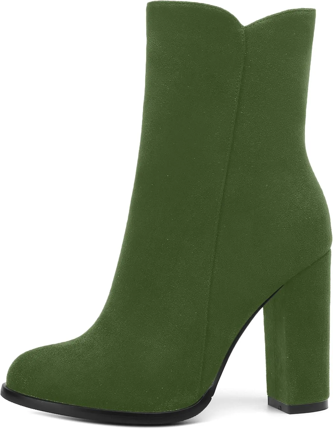 AMBELIGHT Womens Suede Round Toe Dress Fashion Solid Zip Chunky High Heel Ankle High Boots 4 Inch