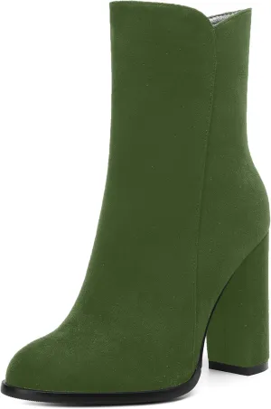 AMBELIGHT Womens Suede Round Toe Dress Fashion Solid Zip Chunky High Heel Ankle High Boots 4 Inch