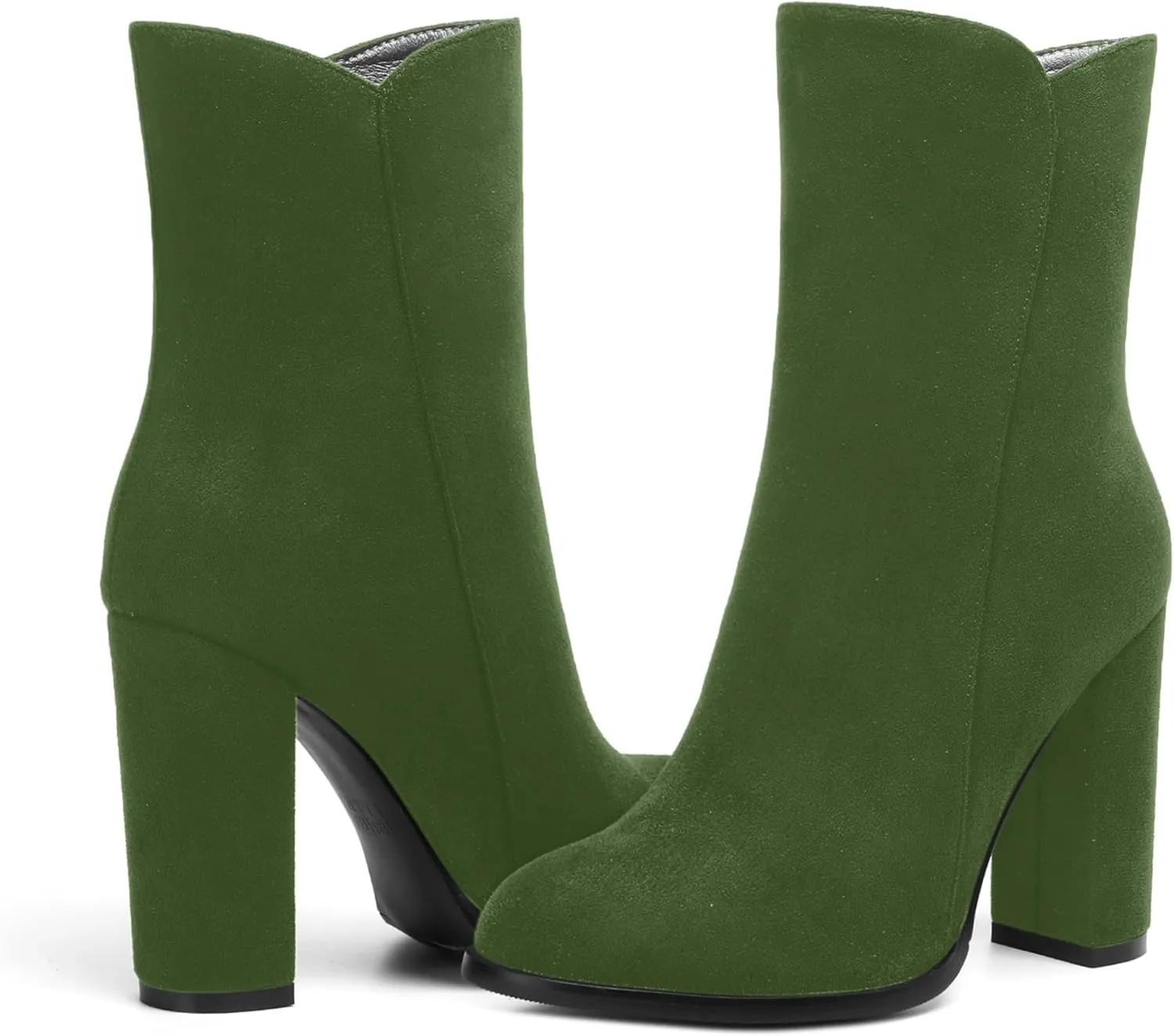AMBELIGHT Womens Suede Round Toe Dress Fashion Solid Zip Chunky High Heel Ankle High Boots 4 Inch