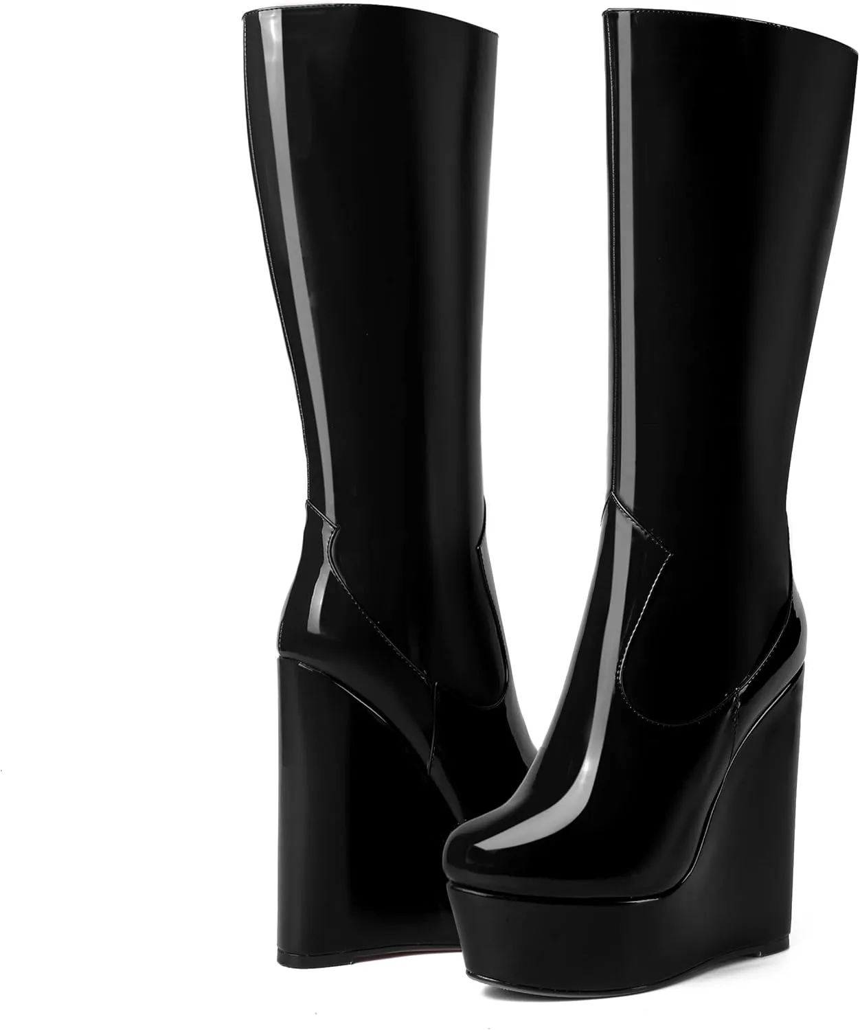 AMBELIGHT Womens Zip Platform Patent Night Club Knee High Fashion Round Toe Wedge High Heel Mid Calf Boots 6 Inch