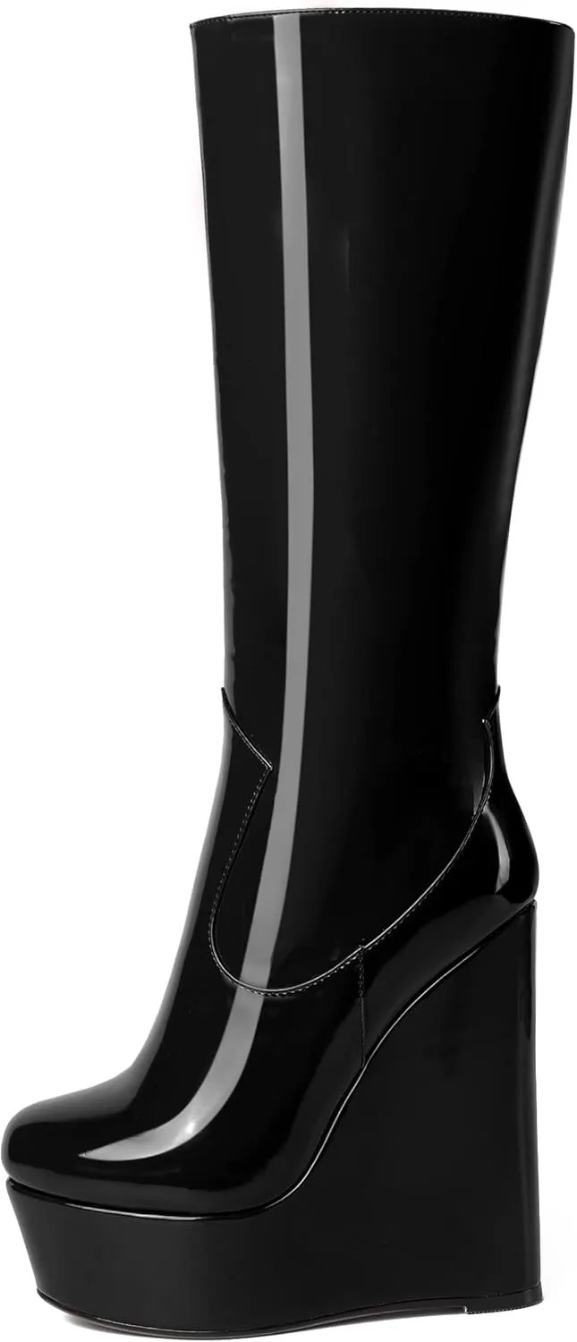 AMBELIGHT Womens Zip Platform Patent Night Club Knee High Fashion Round Toe Wedge High Heel Mid Calf Boots 6 Inch