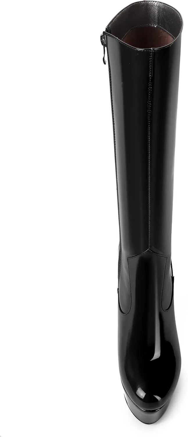 AMBELIGHT Womens Zip Platform Patent Night Club Knee High Fashion Round Toe Wedge High Heel Mid Calf Boots 6 Inch