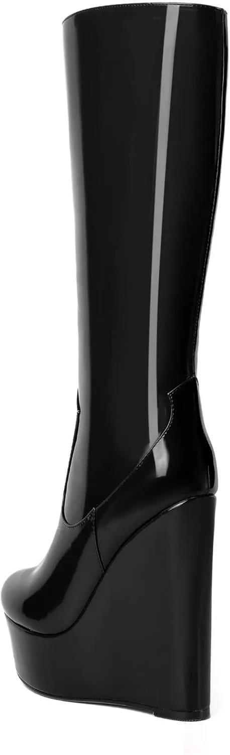 AMBELIGHT Womens Zip Platform Patent Night Club Knee High Fashion Round Toe Wedge High Heel Mid Calf Boots 6 Inch