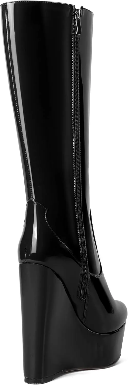 AMBELIGHT Womens Zip Platform Patent Night Club Knee High Fashion Round Toe Wedge High Heel Mid Calf Boots 6 Inch
