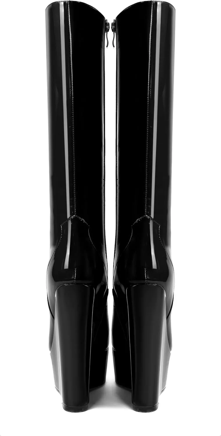 AMBELIGHT Womens Zip Platform Patent Night Club Knee High Fashion Round Toe Wedge High Heel Mid Calf Boots 6 Inch