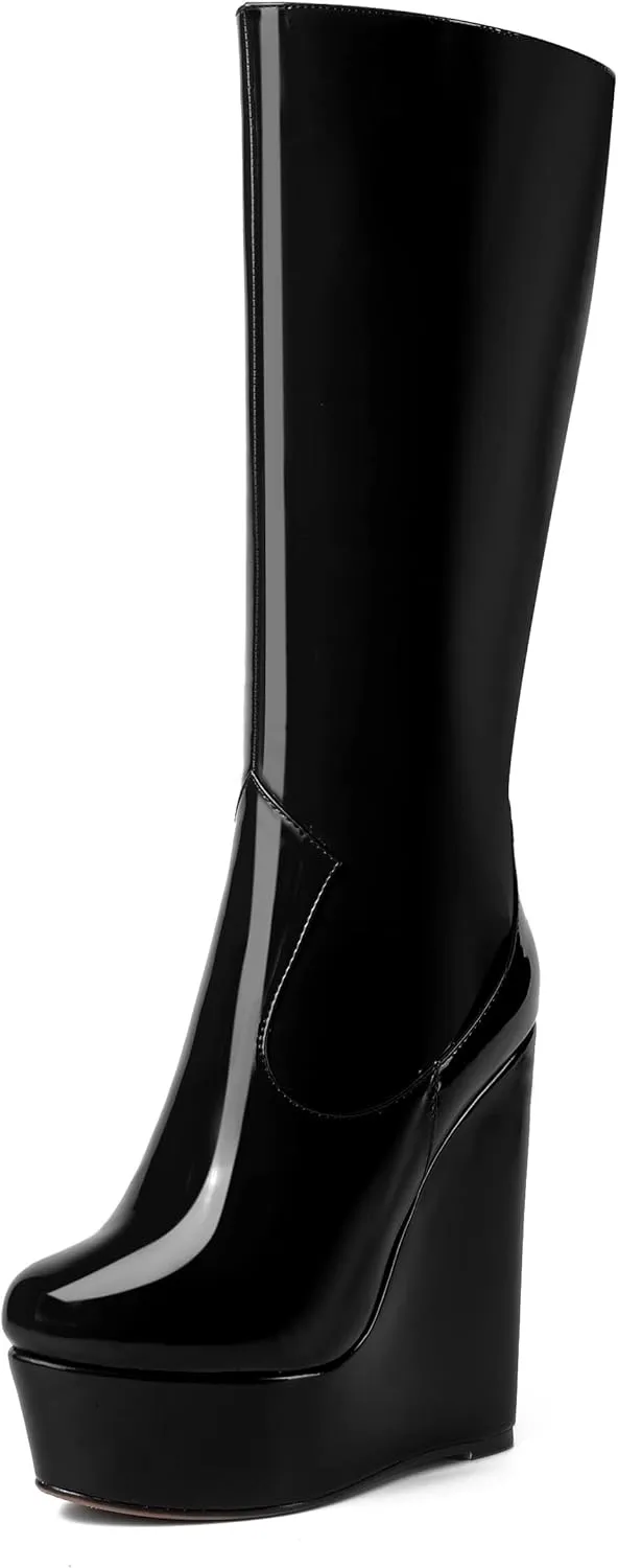 AMBELIGHT Womens Zip Platform Patent Night Club Knee High Fashion Round Toe Wedge High Heel Mid Calf Boots 6 Inch