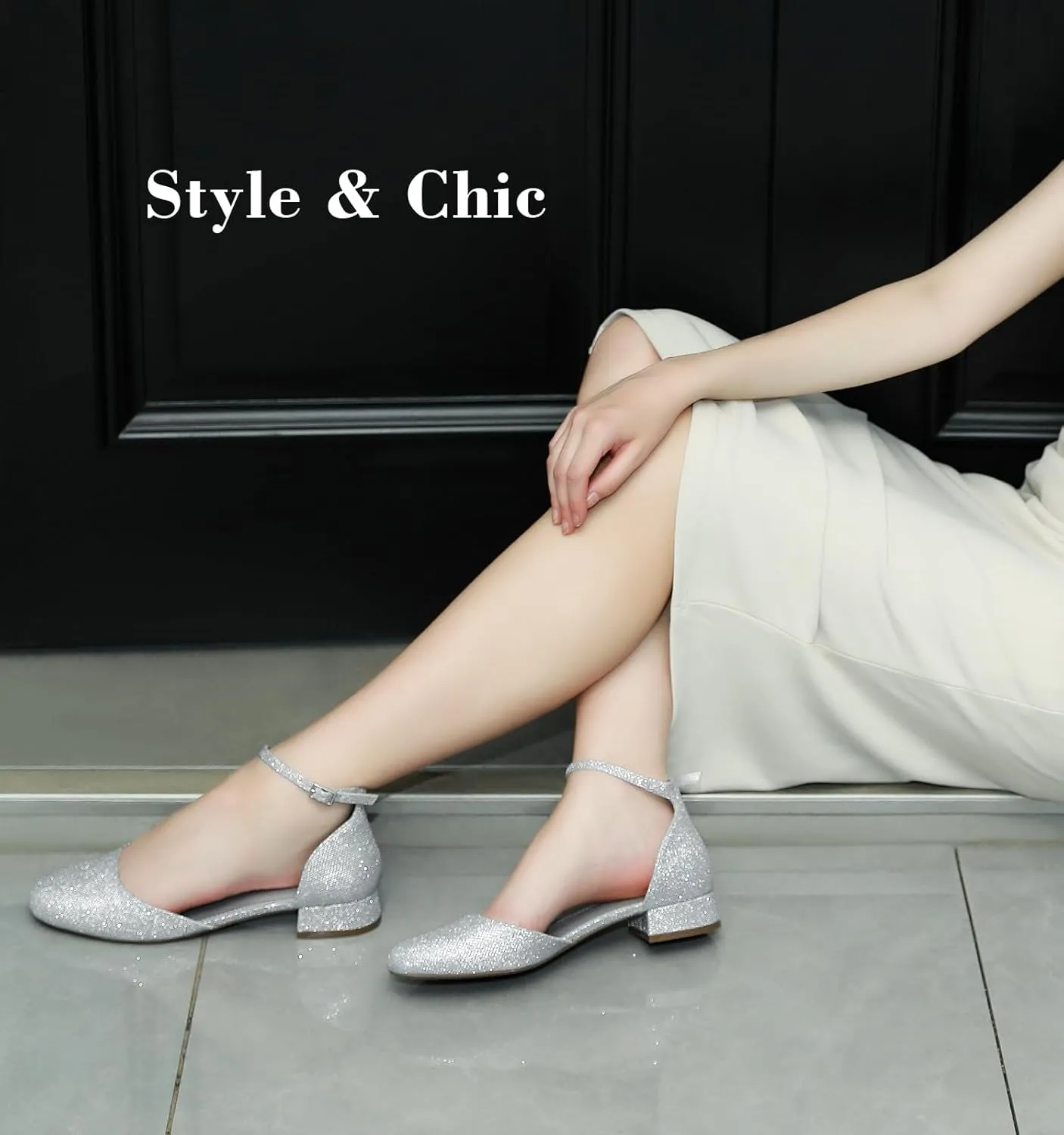 Ankis Closed Toe Heels for Women, Black Nude White Gold Silver 1 Inch Women's Flats Low Block Heel Women Dress Shoes Womens Pumps Work Shoes with Ankle Strap for Spring Fall