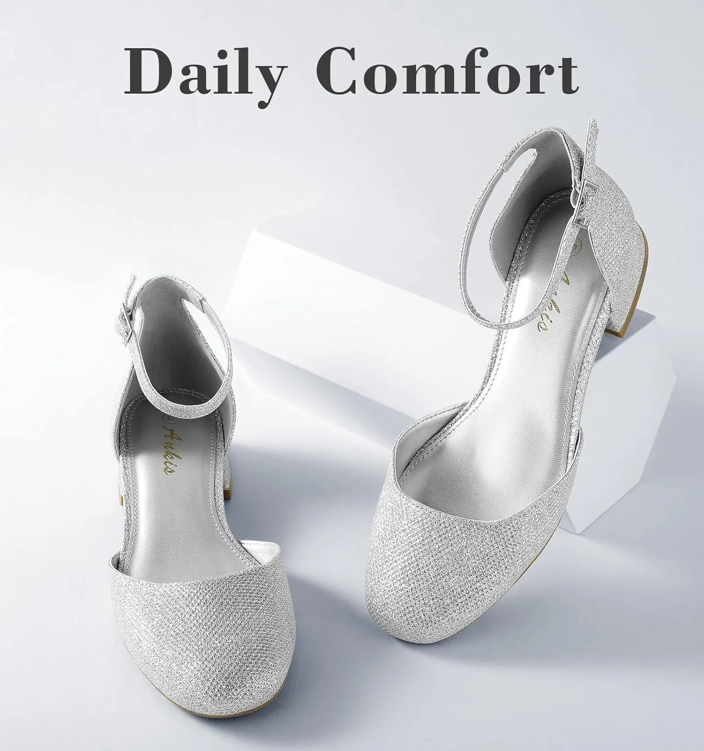 Ankis Closed Toe Heels for Women, Black Nude White Gold Silver 1 Inch Women's Flats Low Block Heel Women Dress Shoes Womens Pumps Work Shoes with Ankle Strap for Spring Fall