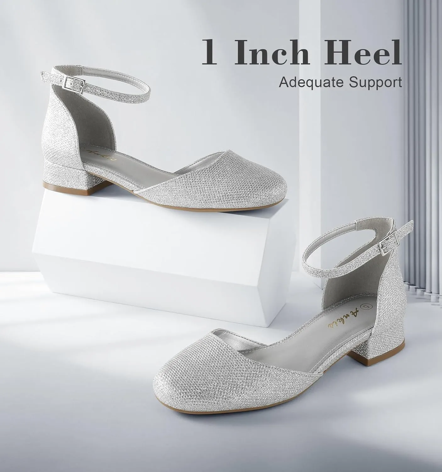 Ankis Closed Toe Heels for Women, Black Nude White Gold Silver 1 Inch Women's Flats Low Block Heel Women Dress Shoes Womens Pumps Work Shoes with Ankle Strap for Spring Fall