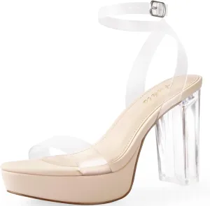 Ankis Platform Heels for Women 4 Inches Chunky Heels Sandals for Women Comfy Open Toe Block Heeled Sandals Nude White Silver Gold Black Ankle Strappy Heels for Women